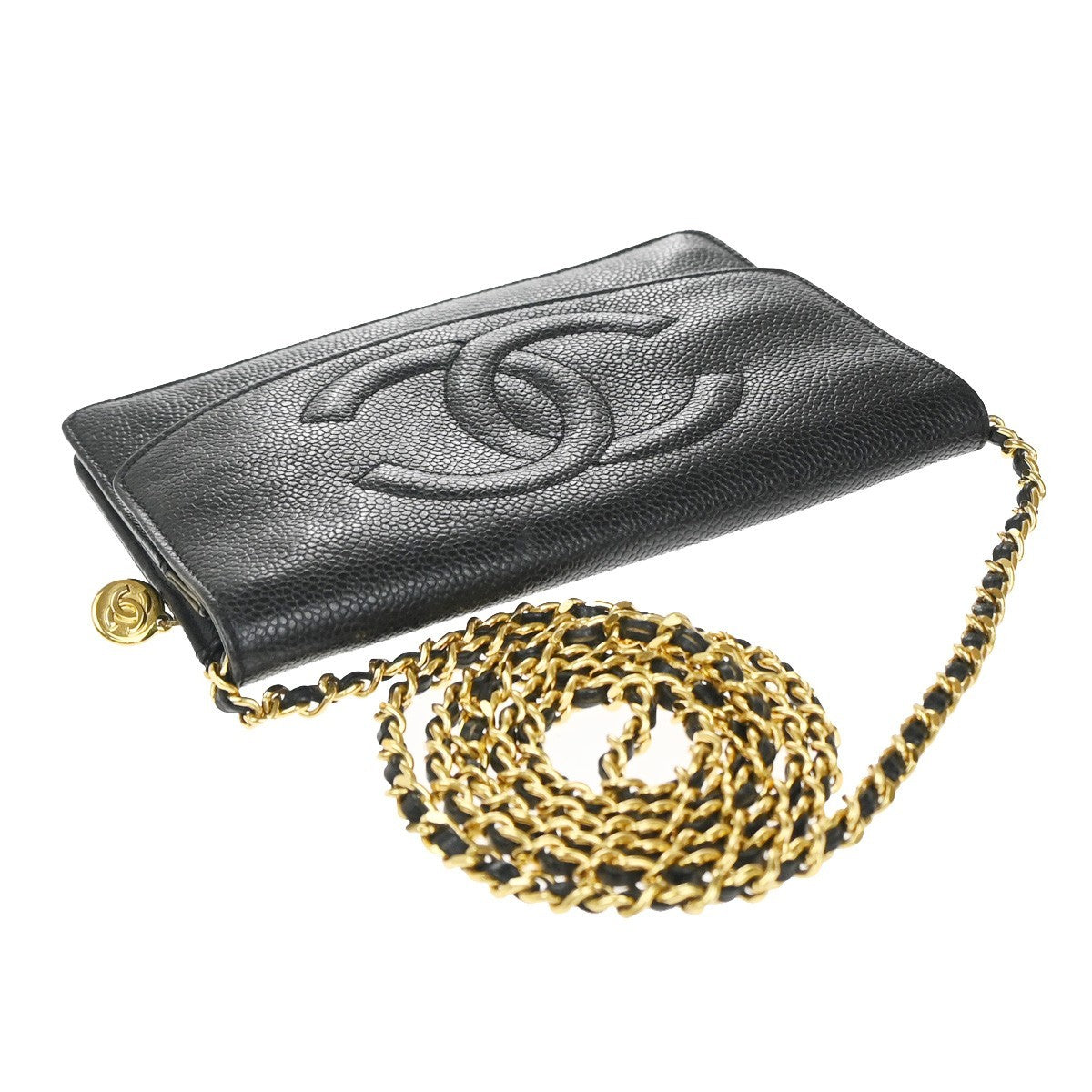 CHANEL Chain Shoulder Bag Wallet Grained Calfskin Leather Black Vintage 691RP061