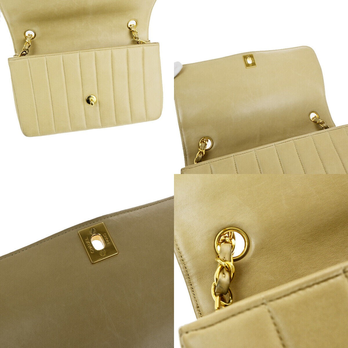 CHANEL CC Logo Mademoiselle Chain Shoulder Bag Leather Beige GHW France 373RK186