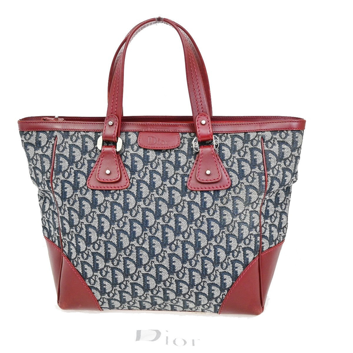 CHRISTIAN DIOR Trotter Pattern Hand Bag Canvas Leather Navy Blue Red 16EE257