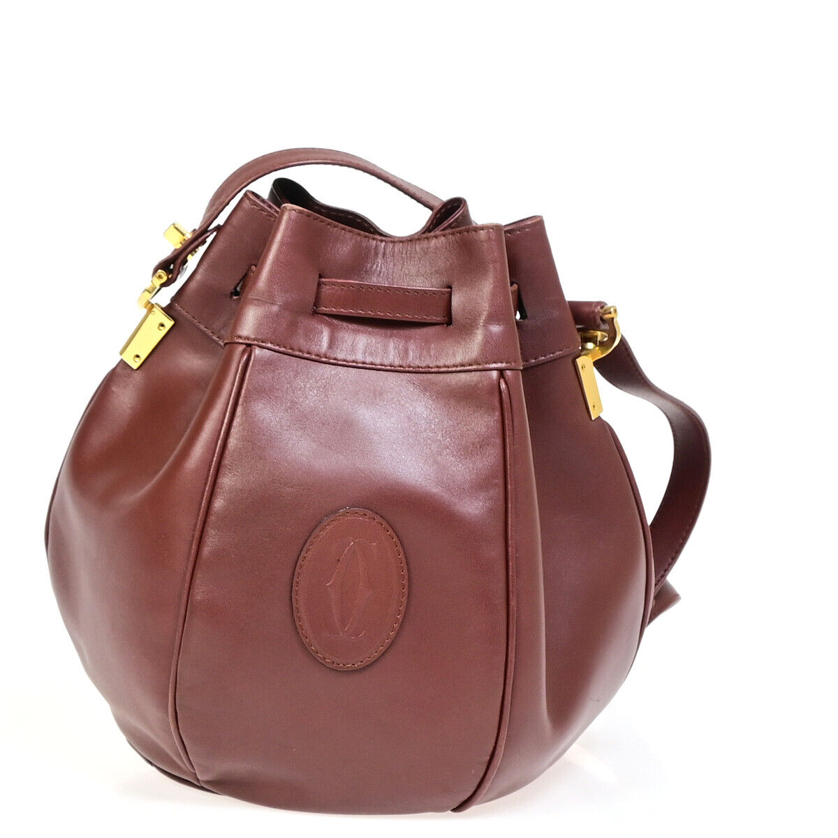 MUST DE CARTIER 2C Logo Drawstring Shoulder Bag Leather Bordeaux GHW 64YE754