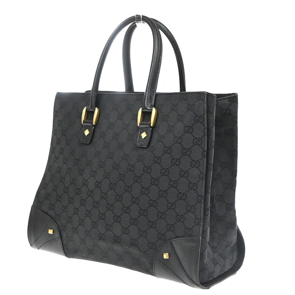 Gucci GG  Pattern Nailhead Tote Hand Bag Black Canvas Leather Italy 84SA156