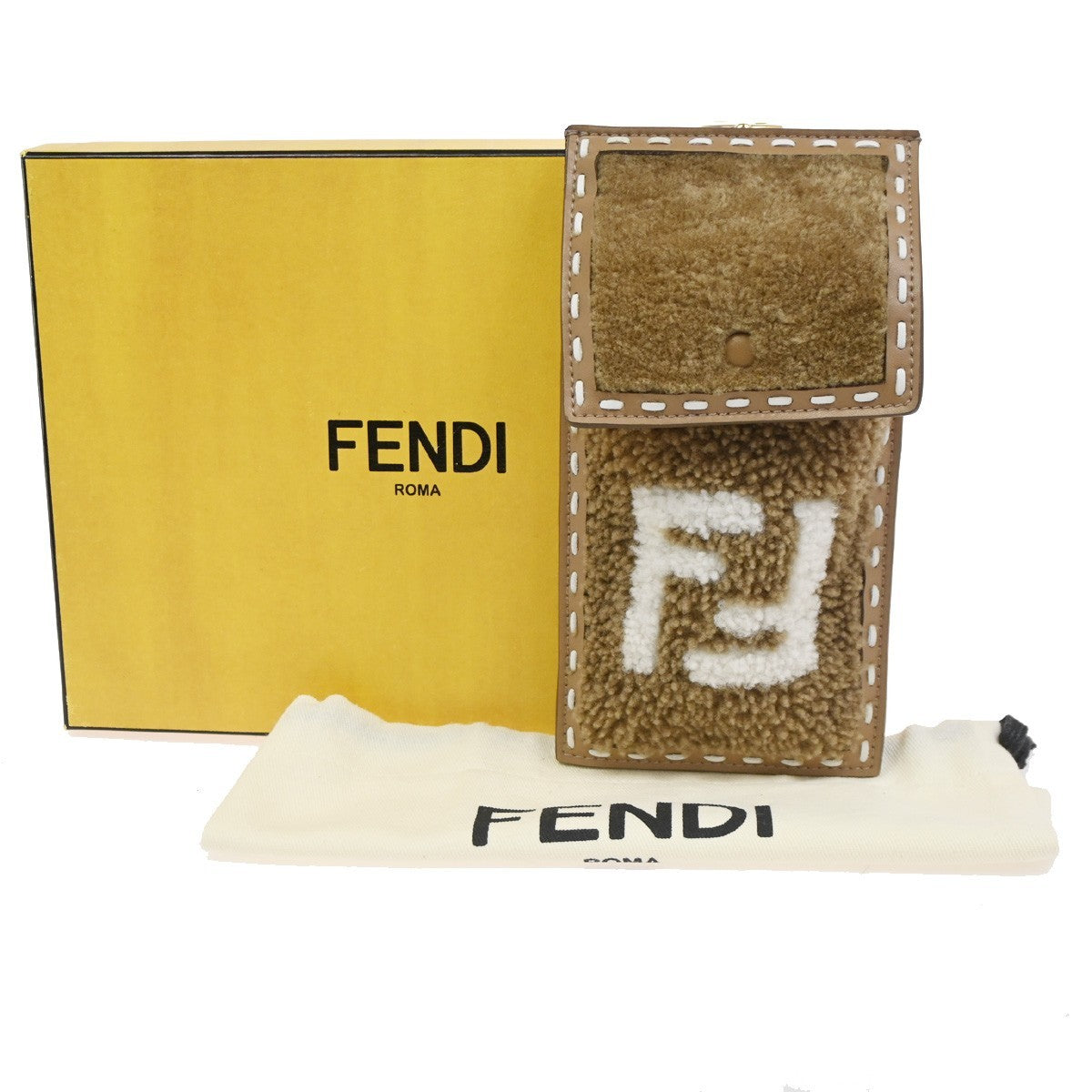 FENDI FF Logo Mini Phone Case Shearling Leather Brown Italy GHW 31RL849