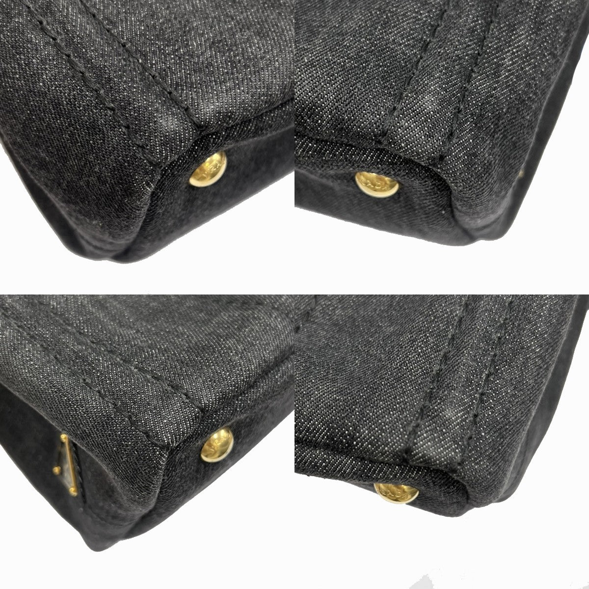 PRADA Milano Logo CANAPA Tote Hand Bag Denim Leather Black Gold Italy 73KC194