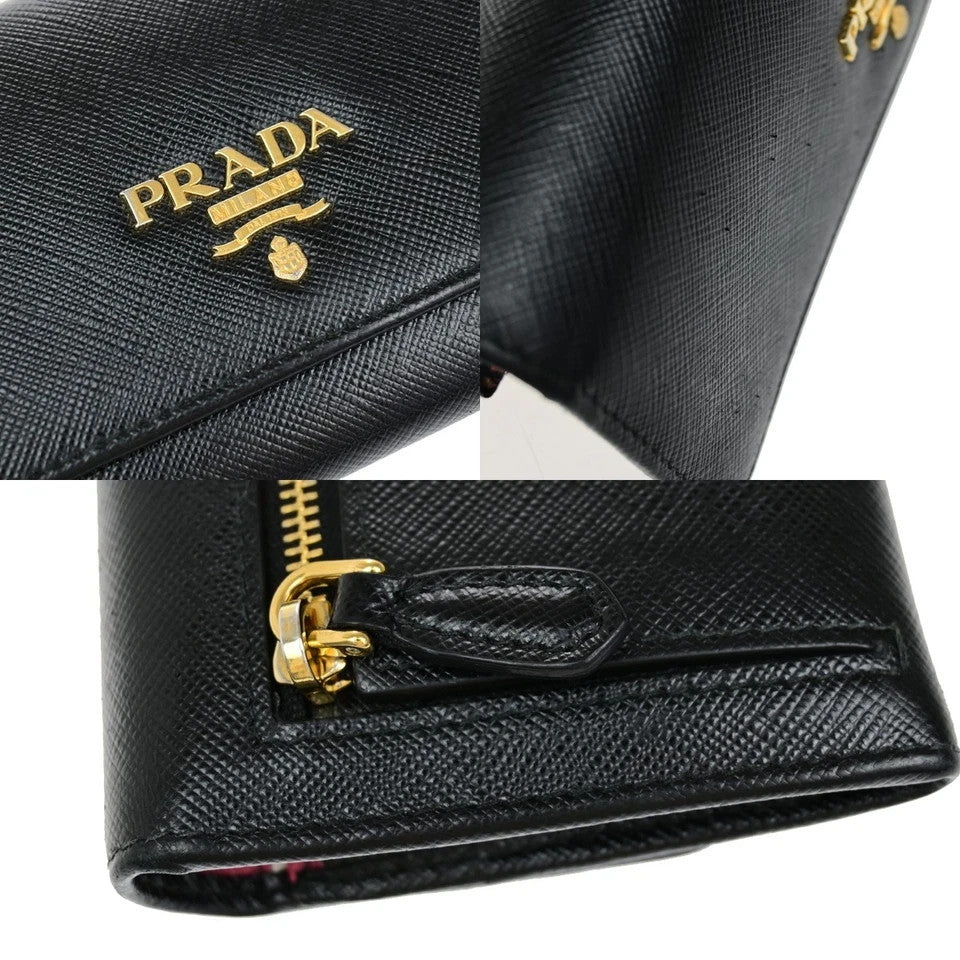 PRADA Logo Saffiano Multic Long Bifold Wallet Leather Black Pink GHW 37YH058
