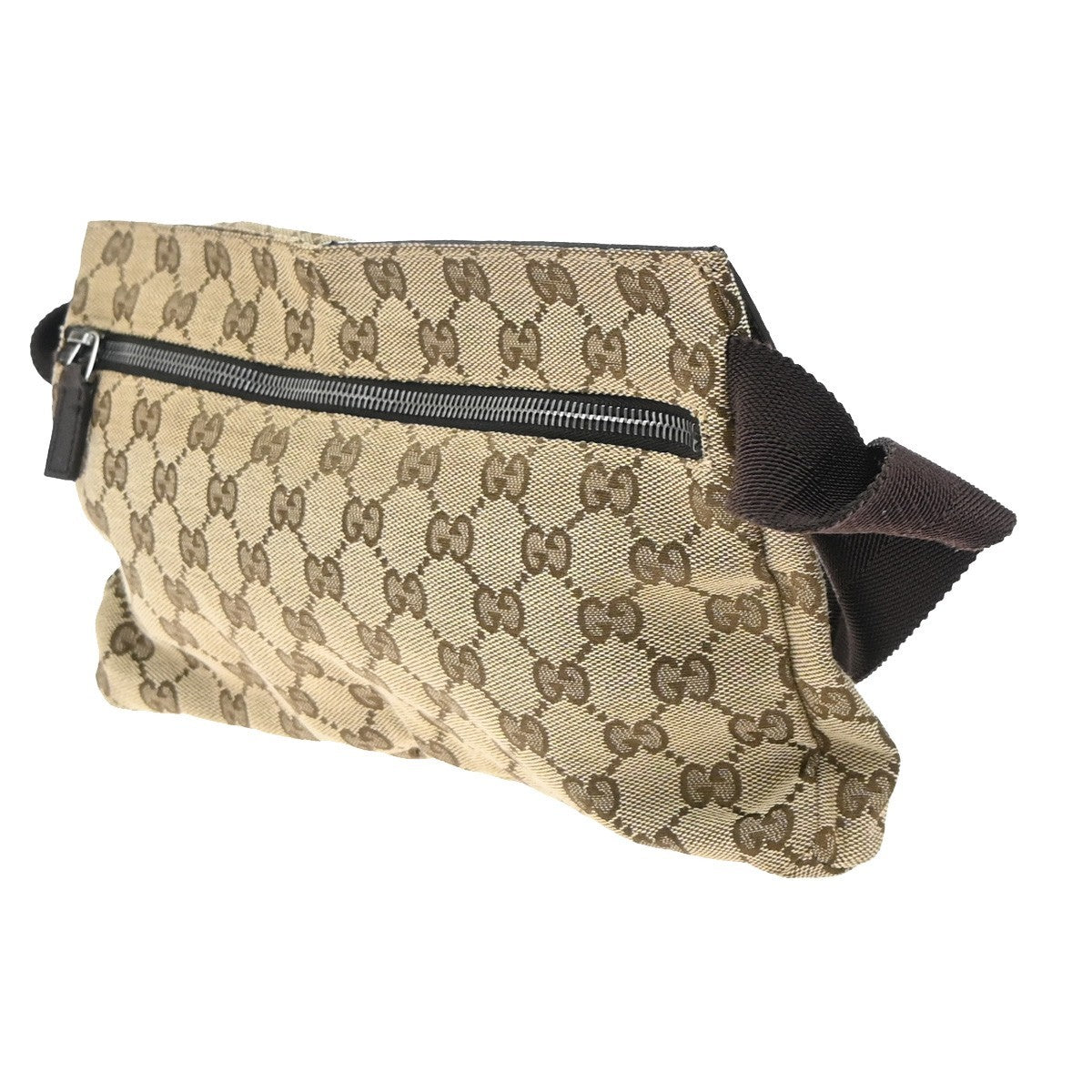 GUCCI GG Logo Double Pocket Bum Bag Canvas Leather Brown SHW Italy 85EG285