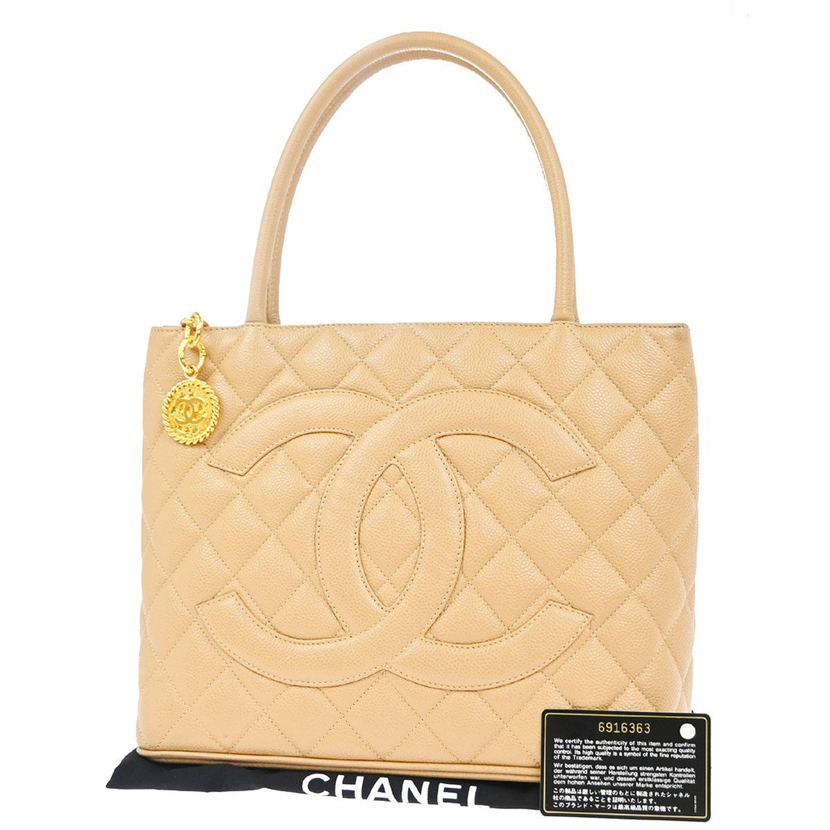 CHANEL Medallion Matelasse Shoulder Bag Grained Calfskin Leather Beige 307RP029