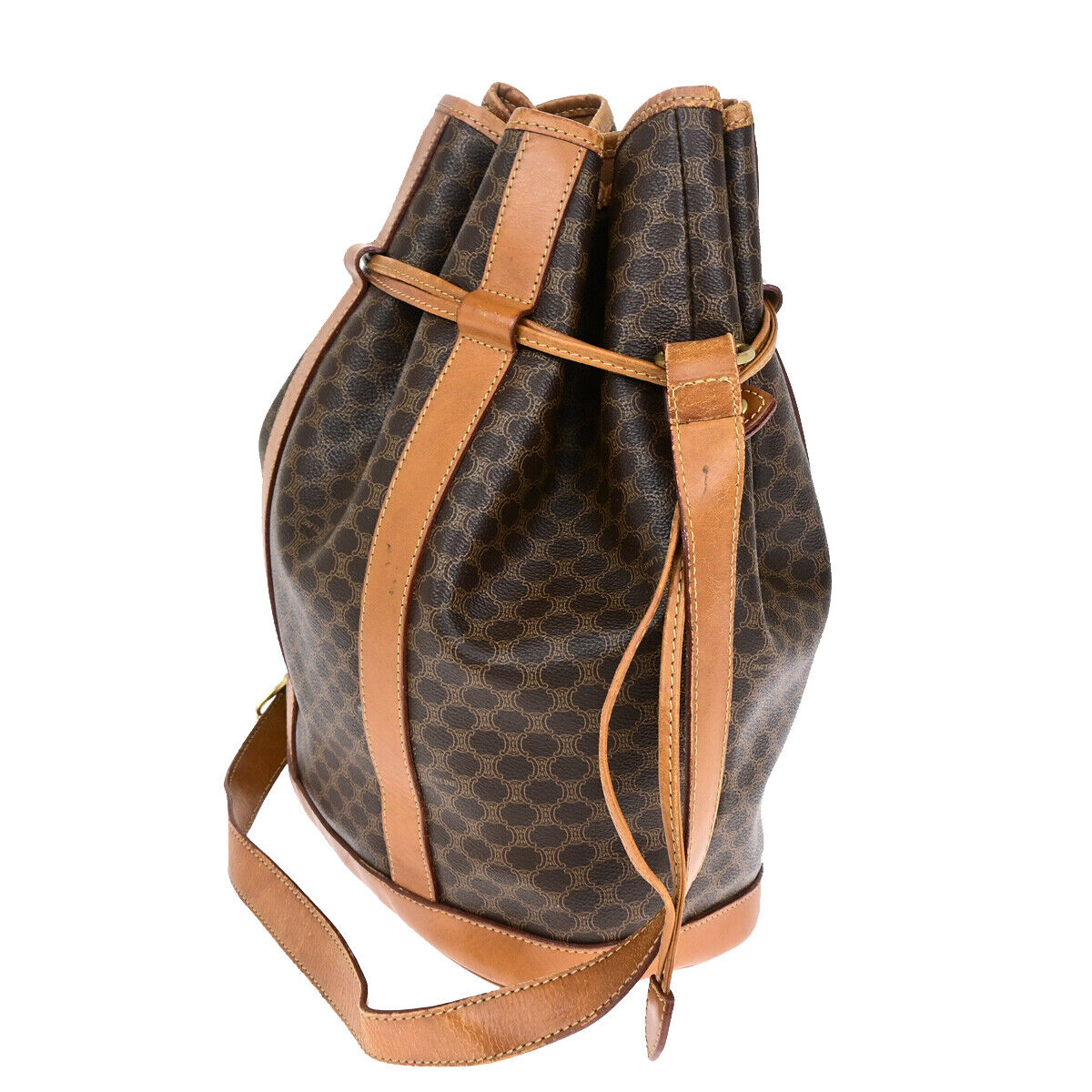 CELINE Logo Macadam Pattern Drawstring Shoulder Bag PVC Leather Brown 66YF091