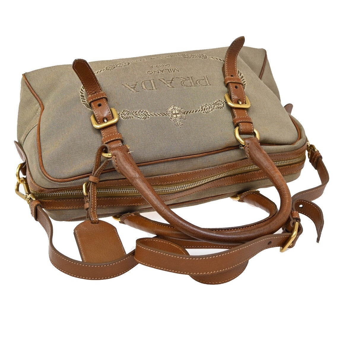 PRADA MILANO Logo Jacquard 2Way Shoulder Hand Bag Canvas Leather Brown 69EE318