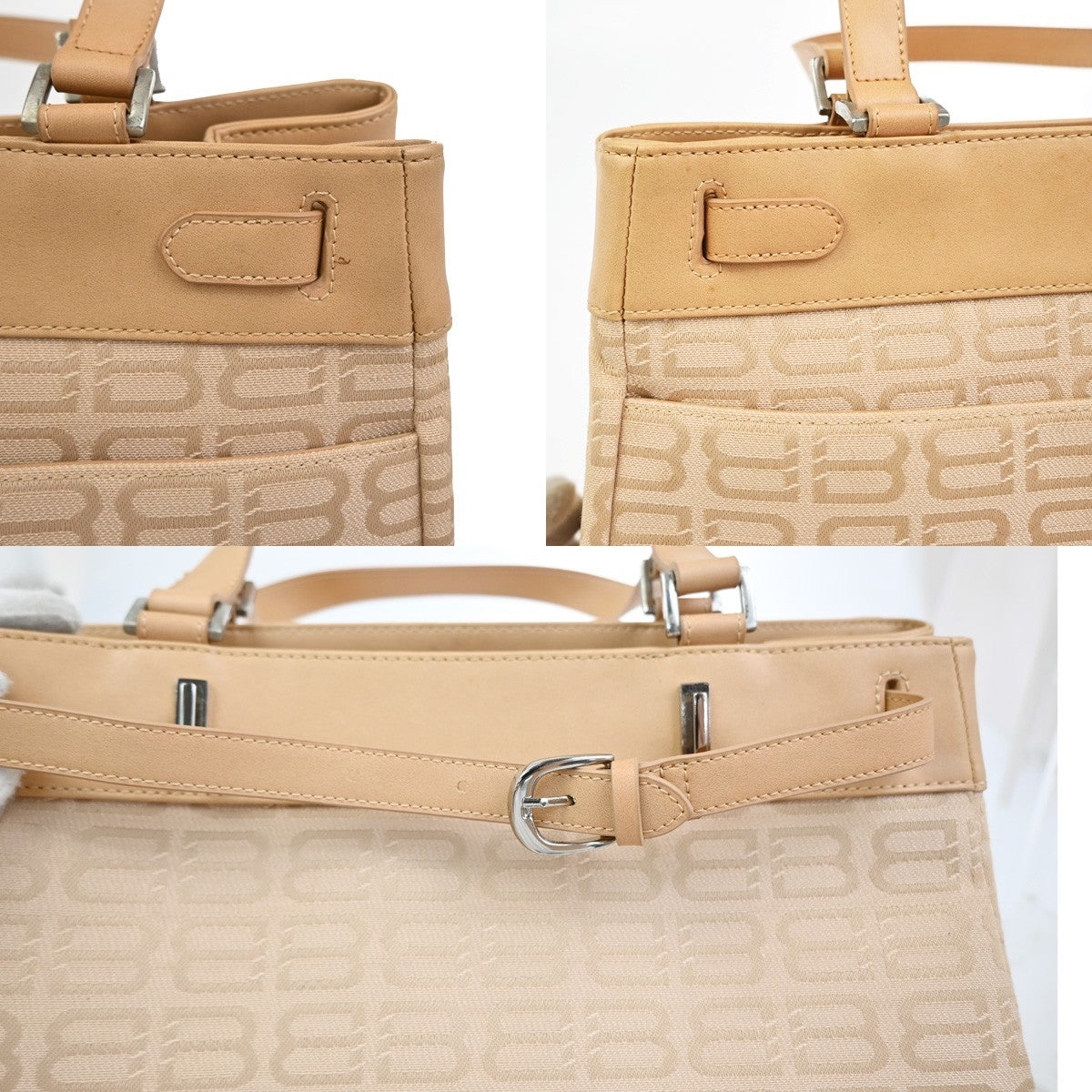BALENCIAGA Logo BB Pattern Hand Tote Bag Canvas Leather Beige SHW 09CA910