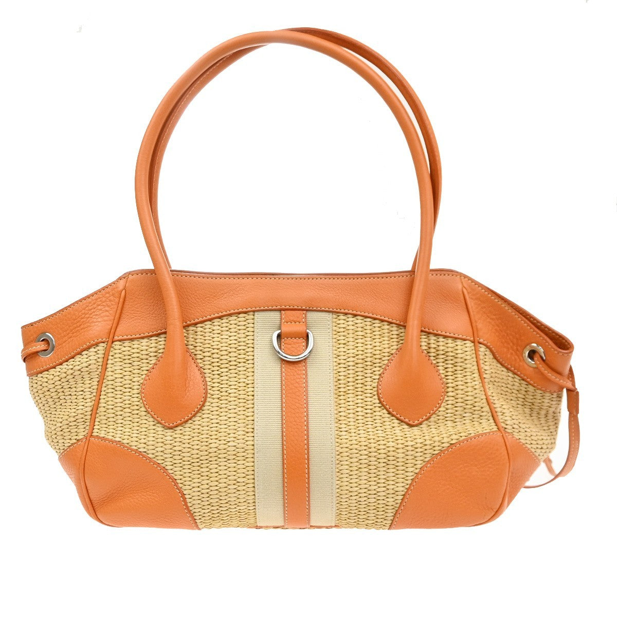 PRADA Logo Shoulder Bag Raffia Straw Leather Beige Orange SHW Italy 76YJ131