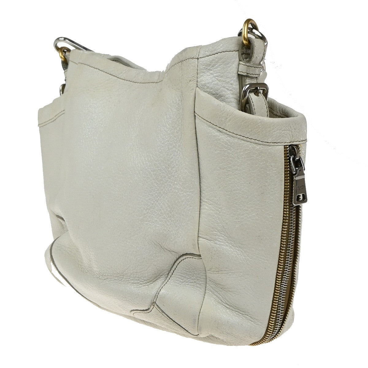 PRADA Logo Shoulder Bag Vitello Daino Leather White Italy 36KP574