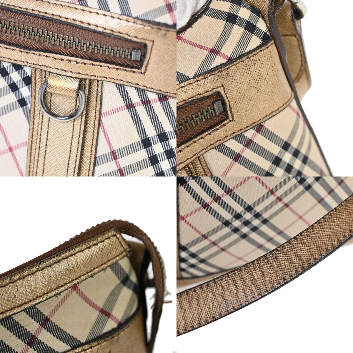 BURBERRY Logo Nova Check Shoulder Bag Canvas Leather Beige Gold Silver 60HB657