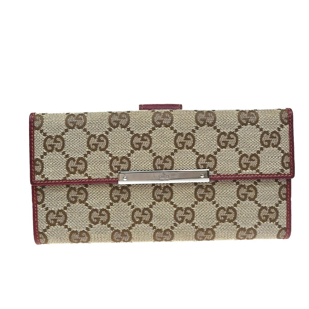 GUCCI GG Biifold Long Wallet Canvas Leather Red Beige SHW Italy 88KD057