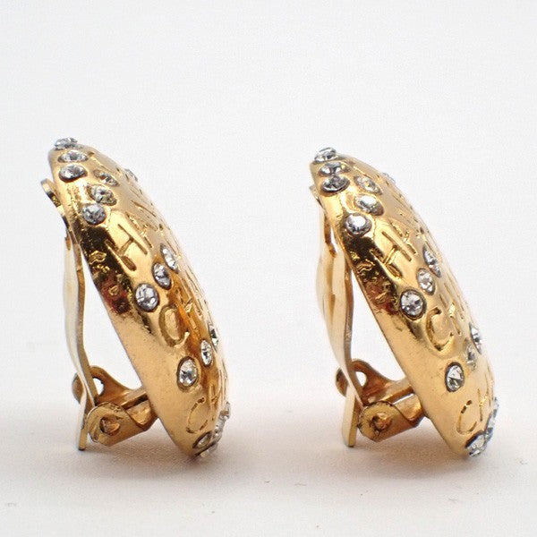 CHANEL Logo Rhinestones Earrings Clip-on Gold France Vintage 36RL872