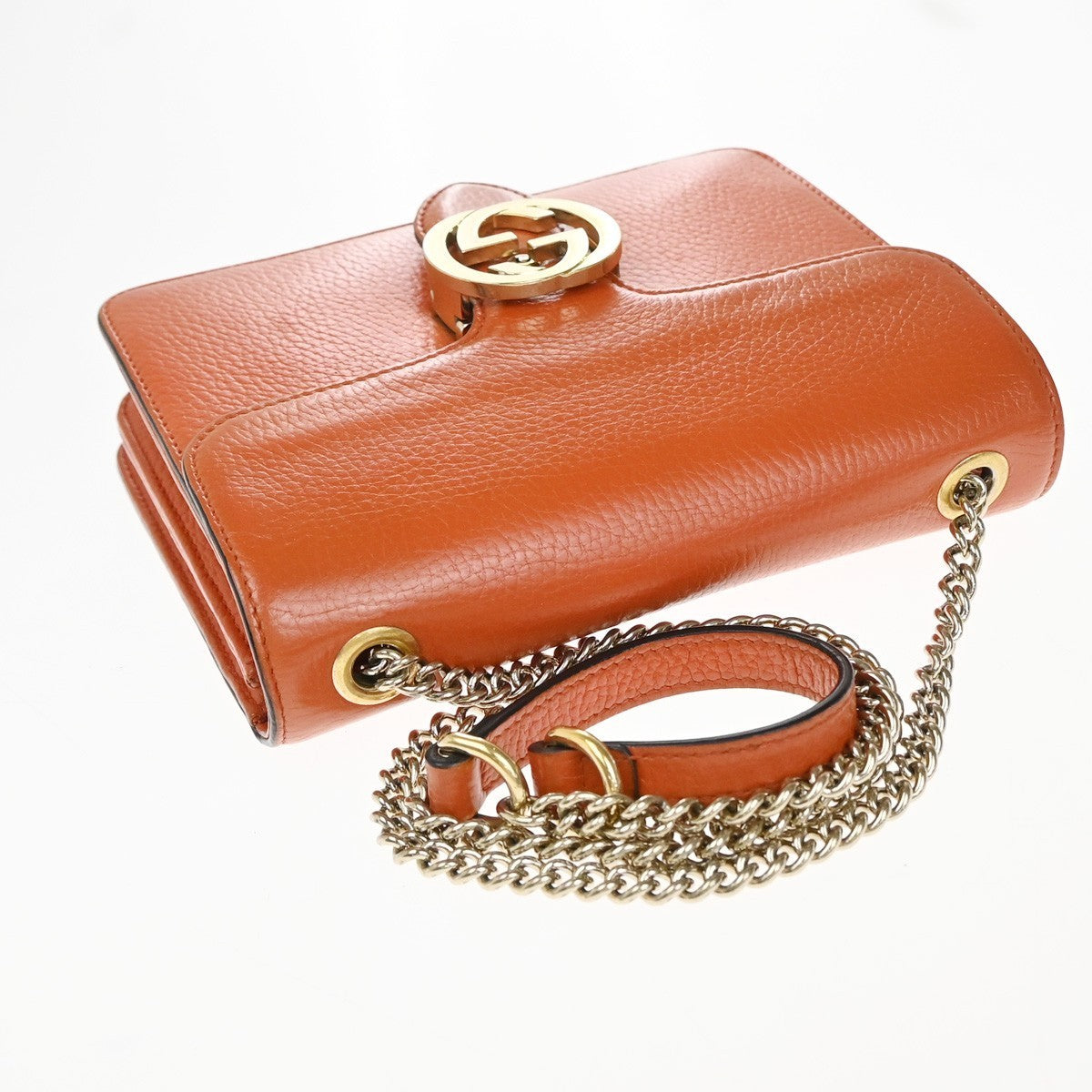 GUCCI Logo Interlocking G Mini Chain Shoulder Bag Leather Orange GHW 90KP377