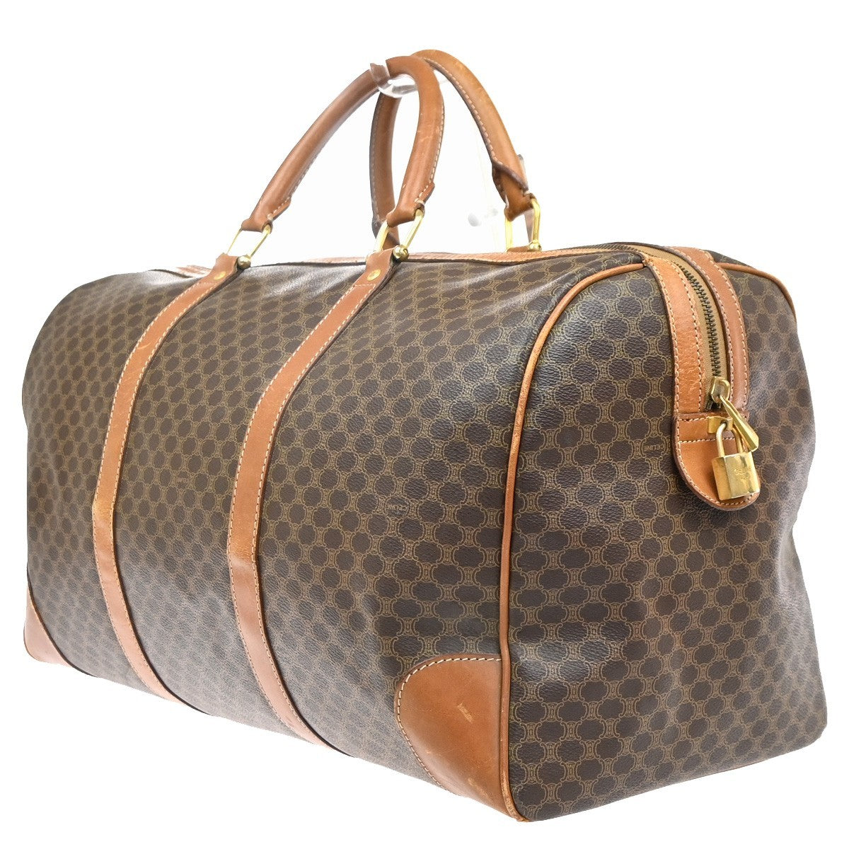 CELINE Logo Macadam Pattern Boston Hand Bag PVC Leather Brown Italy 63MA616