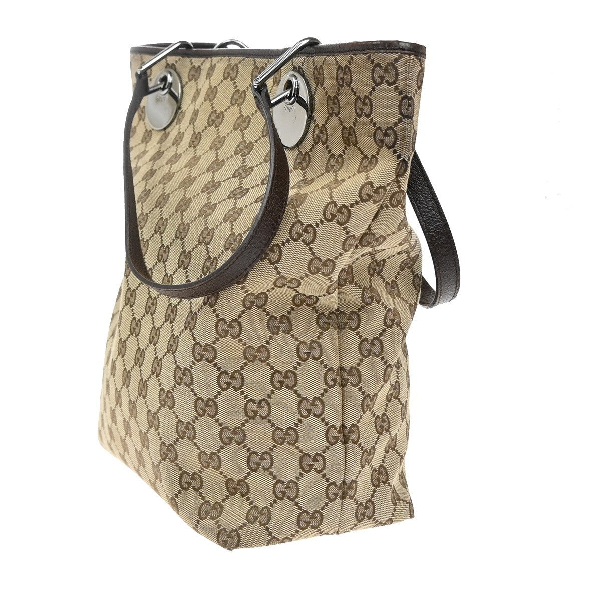GUCCI Logo GG Pattern Shoulder Bag Canvas Leather Brown Silver Italy 61KB384