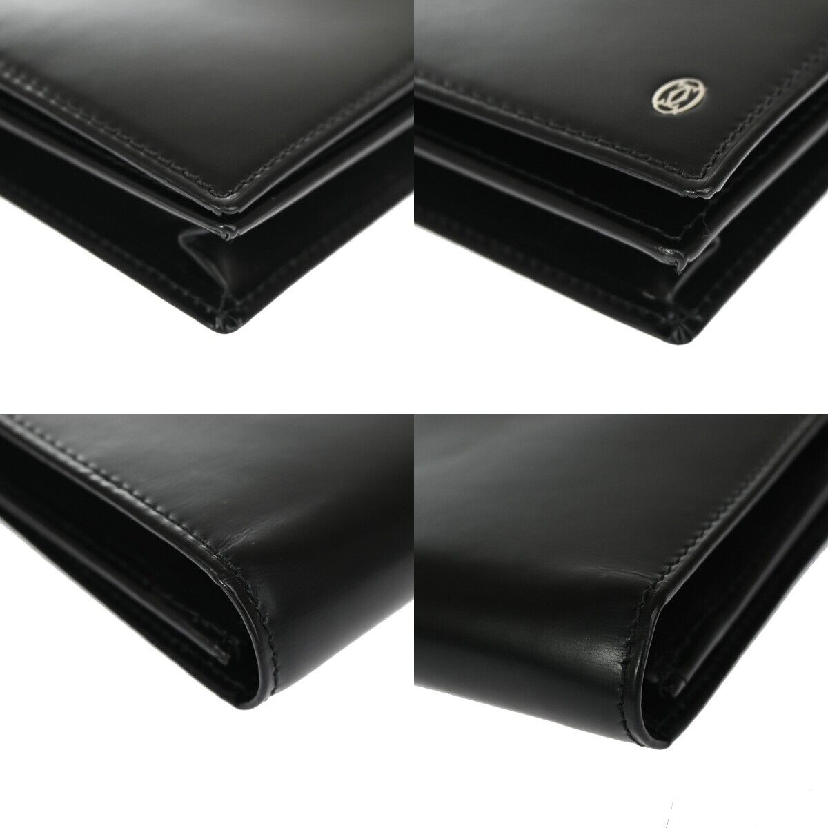 CARTIER 2C Logo Bifold Wallet Purse Leather Black Silver Made in France 69GA852