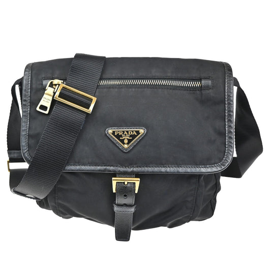 PRADA Plate Logo Tessuto Shoulder Bag Nylon Leather Black GHW Italy 33TA379