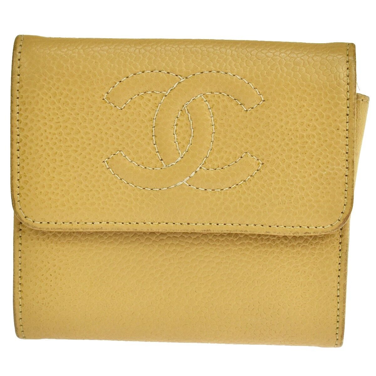 CHANEL CC Logo Bifold Wallet Purse Caviar Skin Leather Beige France 68sh439