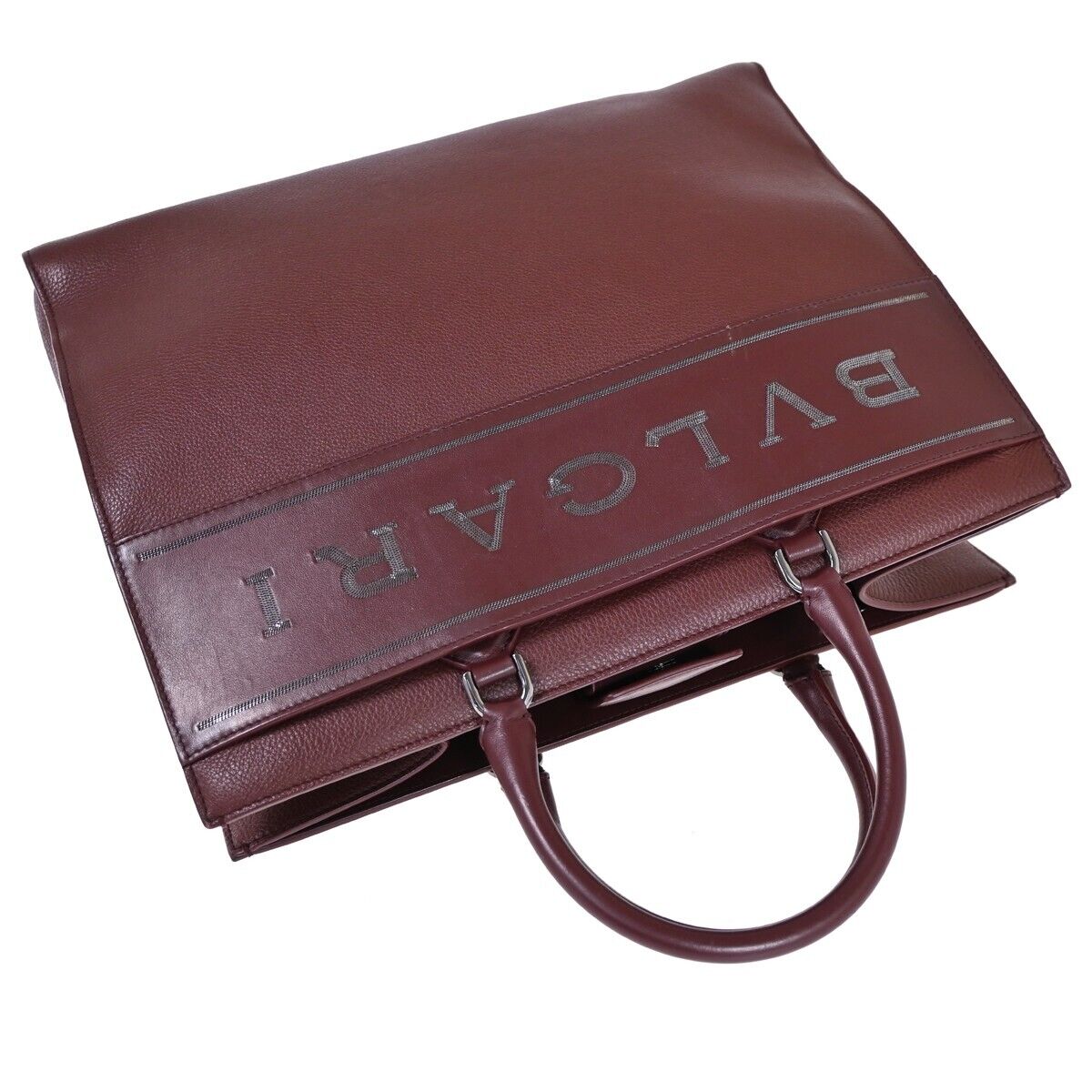 BVLGARI LOGO Hand Tote Bag Canvas Calf Leather Bordeaux Silver Italy 98HB362