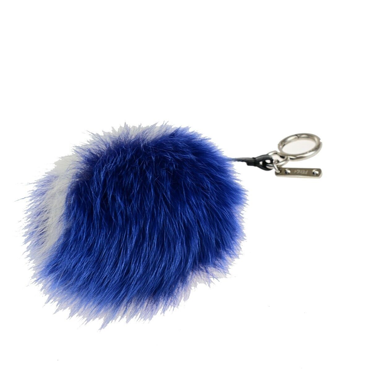 FENDI Logo Pompom Bag Charm Key Ring Chain Fur Leather Blue White SHW 04KA449