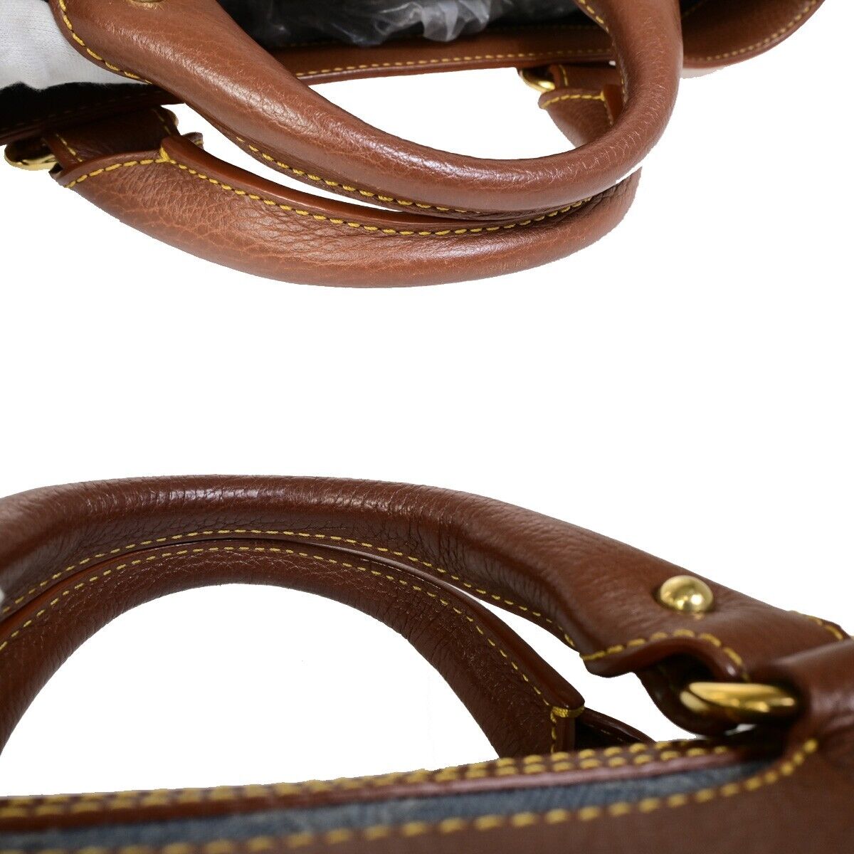 CELINE Logo Macadam Pattern Hand Tote Bag Denim Leather Brown 86FB086