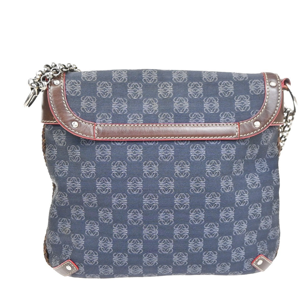 LOEWE Logo Anagram Studded Flap Shoulder Bag Canvas Leather Navy SHW 35CA788