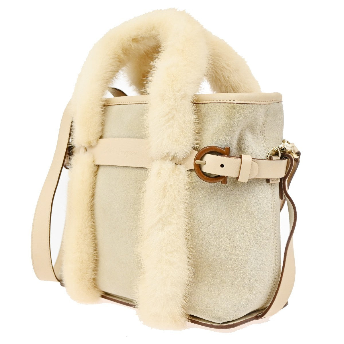 SALVATORE FERRAGAMO Logo Fur Gancini 2Way Hand Bag Suee Leather Beige 80YH842