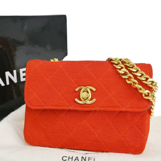 CHANEL CC Logo Mini Matelasse Chain Shoulder Bag Canvas Leather Red 653RH002