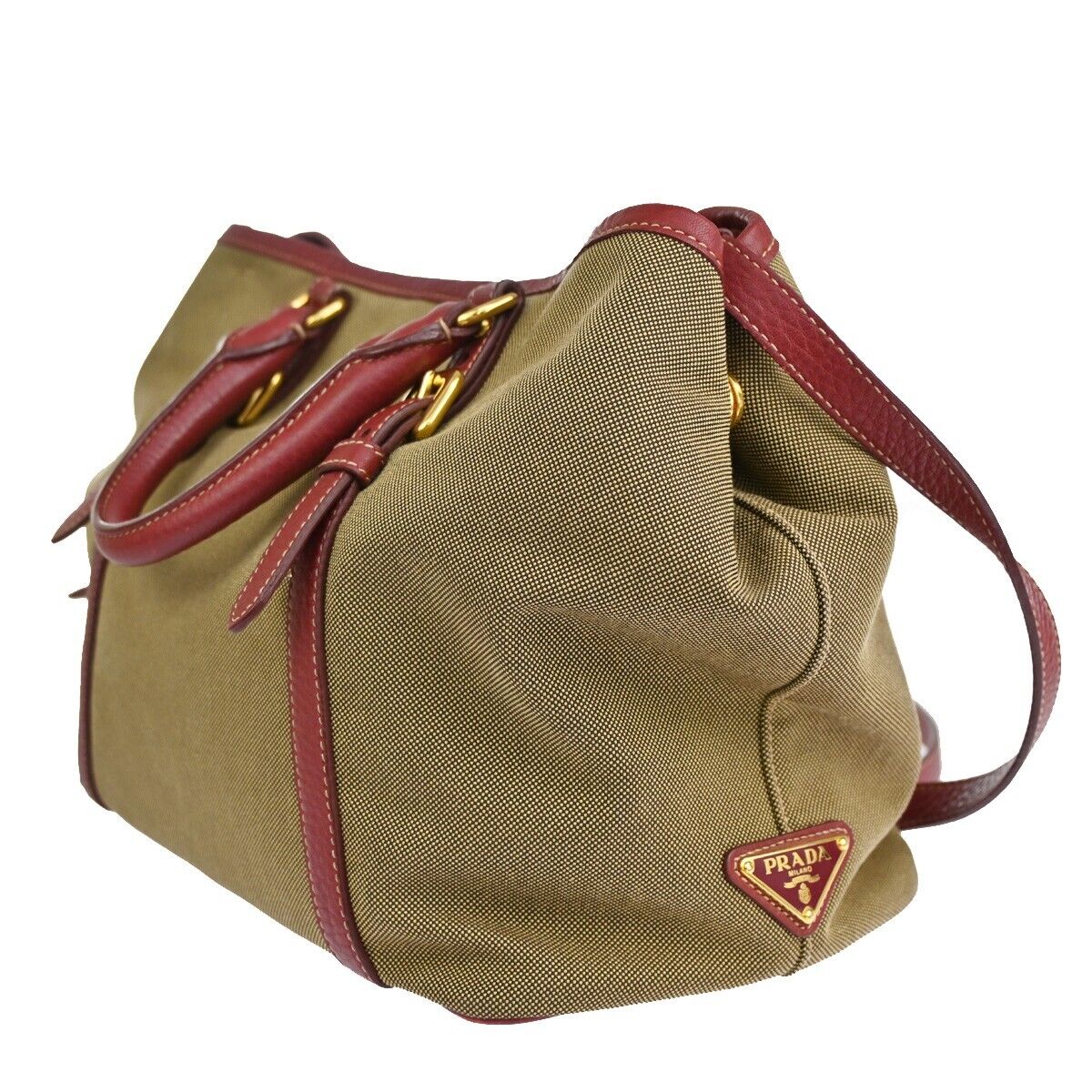 PRADA MILANO Logo 2Way Shoulder Hand Bag Canvas Leather Khaki Bordeaux 79EA813