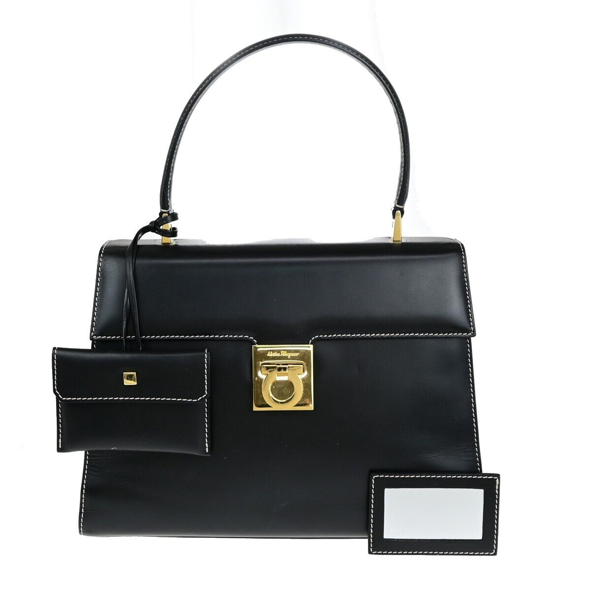 SALVATORE FERRAGAMO Gancini Top Handle Hand Bag Leather Black GHW Italy 35ED328