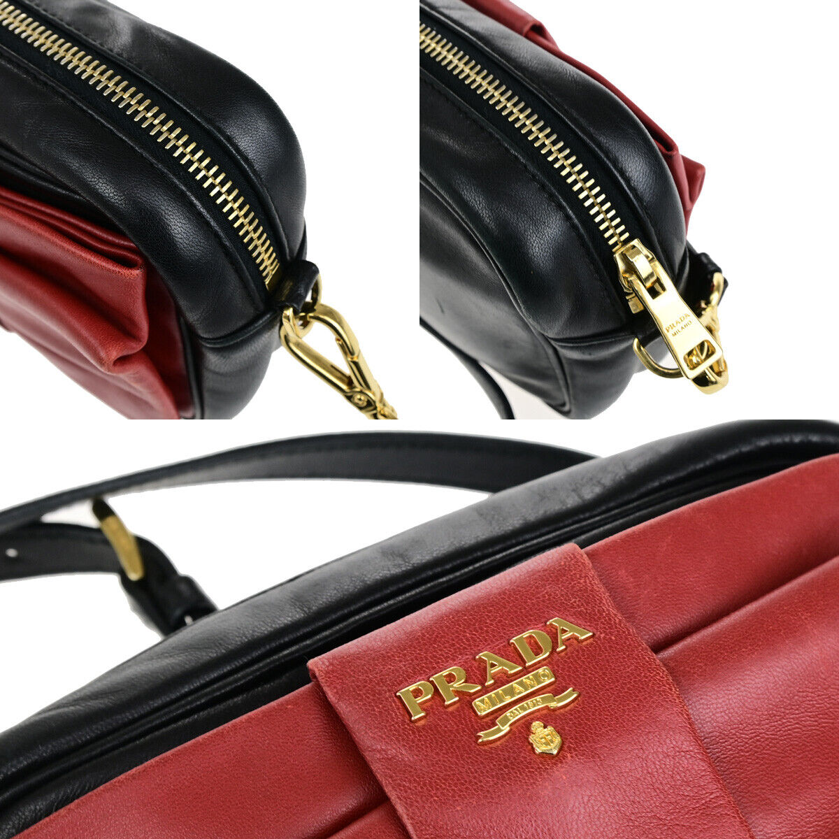 PRADA Logo Fiocco Bow Mini Crossbody Shoulder Bag Leather Black Red GHW 28YG621