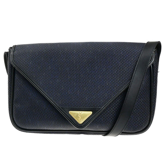 YVES SAINT LAURENT YSL Shoulder Bag Leather PVC Black Navy Blue Gold 66ED547