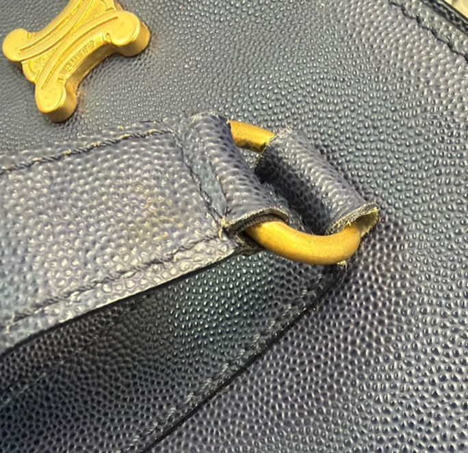 CELINE Logo Shoulder Hand Bag Grained Leather Navy Blue GHW Italy 65KD114