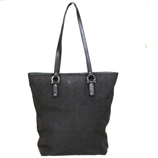 SALVATORE FERRAGAMO Gancini Shoulder Bag Canvas Leather Black SHW Italy 08YF512