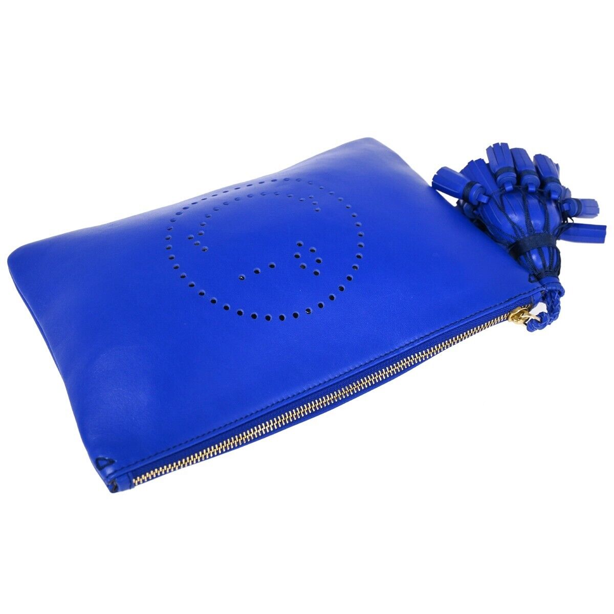ANYA HINDMARCH Logo Smiley Wink Fringe Clutch Hand Bag Leather Blue 36HB218