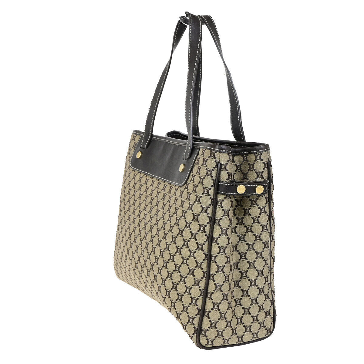 CELINE Logo Macadam Pattern Shoulder Tote Bag Canvas Leather Brown GHW 30SJ476