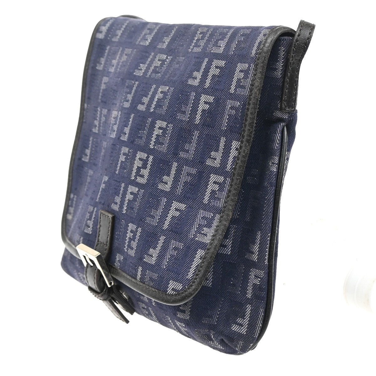 FENDI Logo Zuccino Flap Shoulder bag Canvas Leather Blue SHW Italy 85MA113