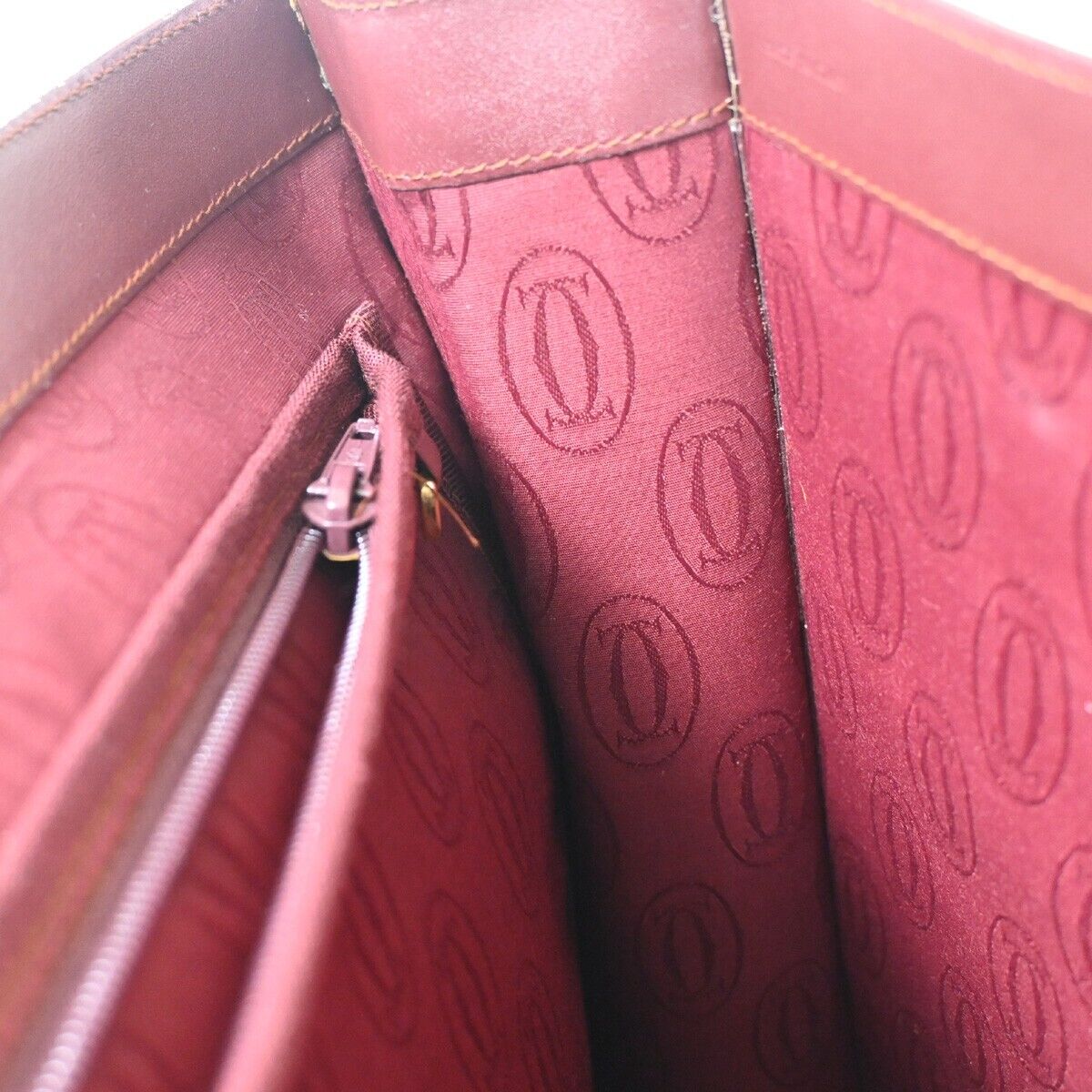 CARTIER 2C Logo Shoulder Tote Bag Leather Bordeaux Gold Made in Italy 69HB818