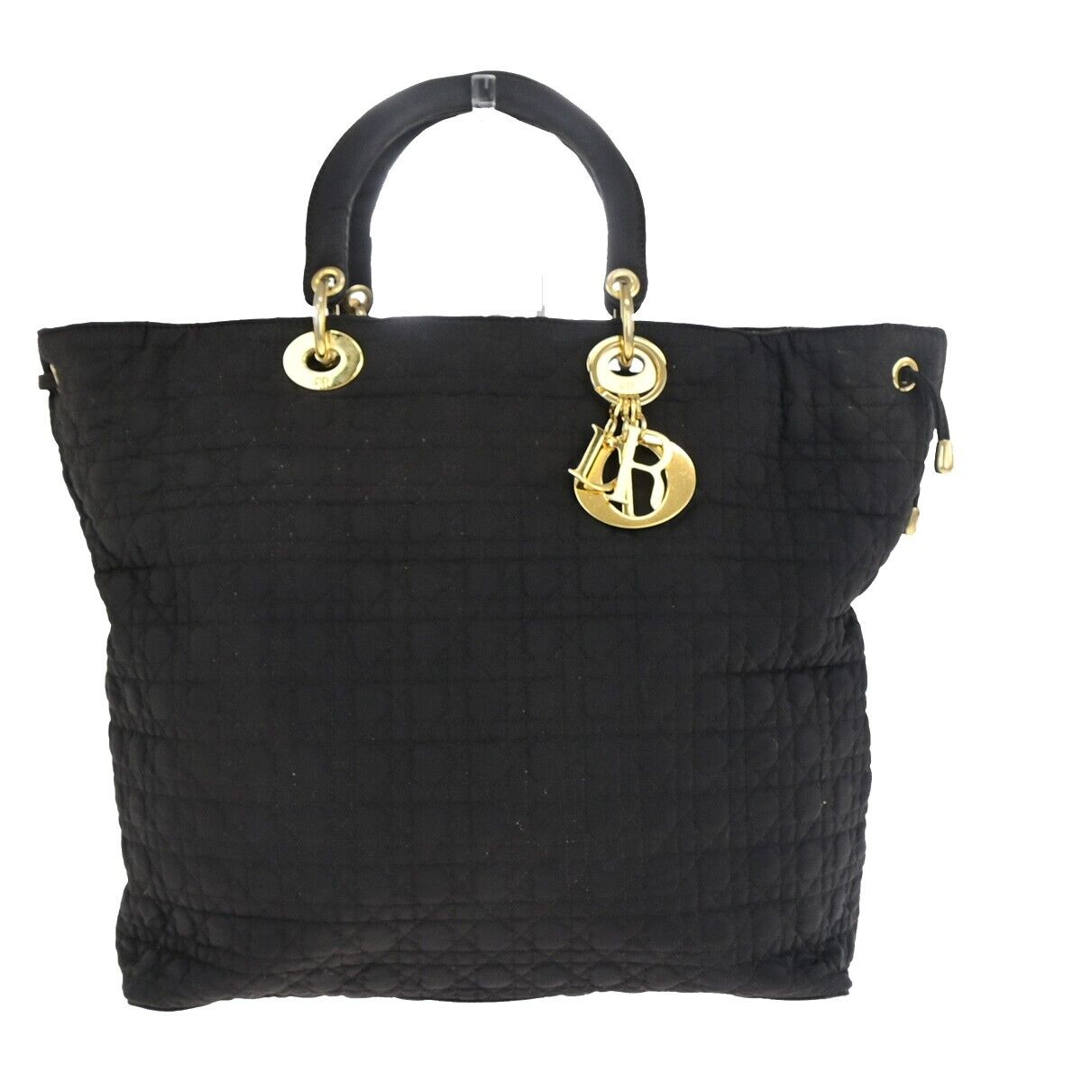 CHRISTIAN DIOR Logo Lady Cannage Hand Bag Canvas Leather Black GHW Italy 88EC943