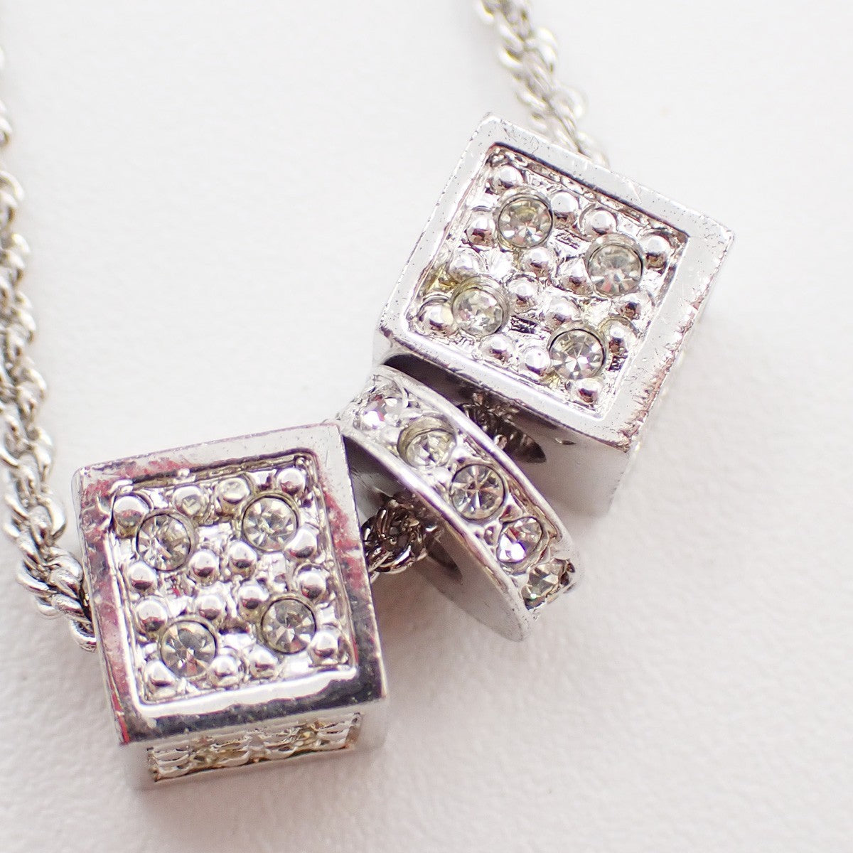 CHRISTIAN DIOR D Logo Dice Charm Necklace Rhinestone Silver Accessory 02KB500