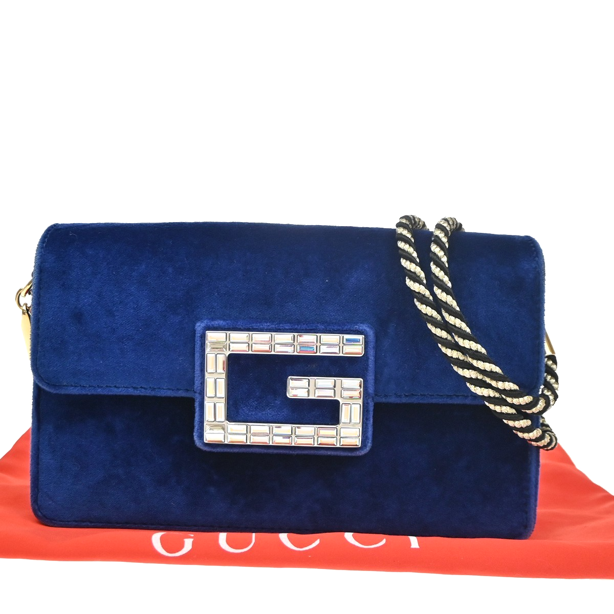GUCCI Crystal G Logo Broadway Min Shoulder Bag Velvet Leather Blue GHW 16YH968