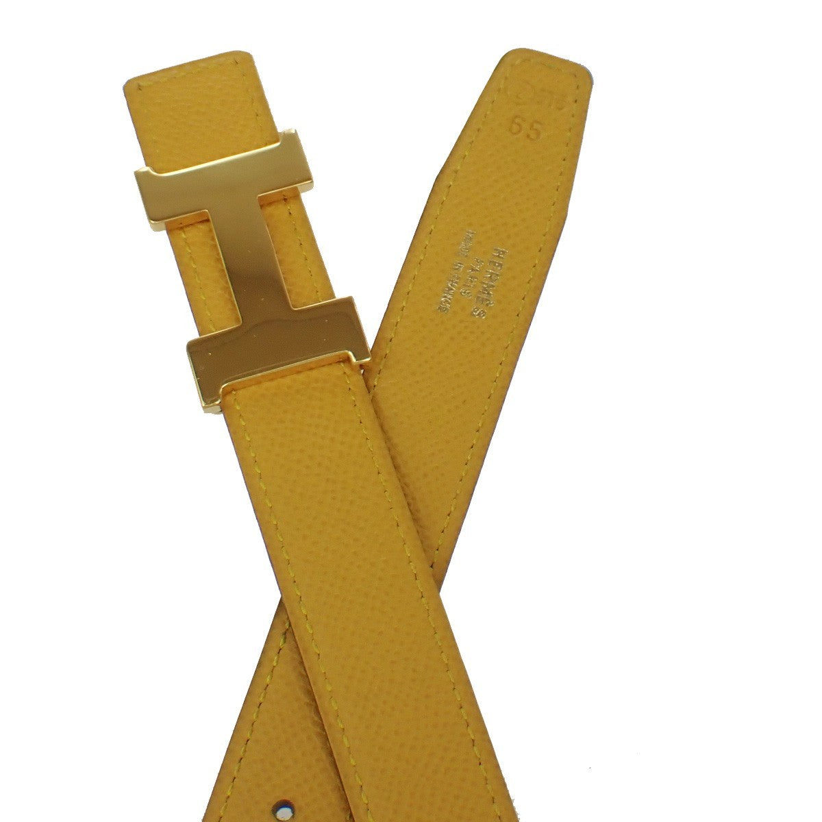 HERMES Logo Constance H Buckle Belt Size 65 Leather Yellow Black France 34RL638