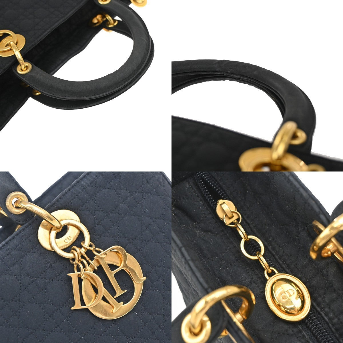 CHRISTIAN DIOR Logo Lady Cannage Hand Bag Nylon Leather Black GHW Italy 73EF937