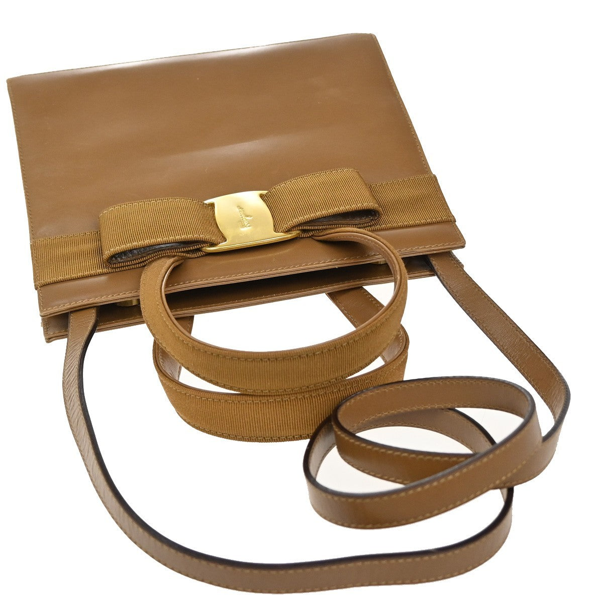 SALVATORE FERRAGAMO Vara 2Way Hand Bag Canvas Leather Brown Gold Italy 33EG249