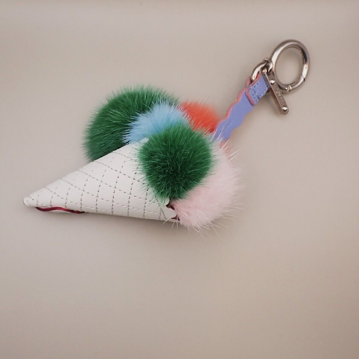 FENDI Logo Ice Cream Bag Charm Key Holder Studs Leather Fur Multi-Color 04YG572