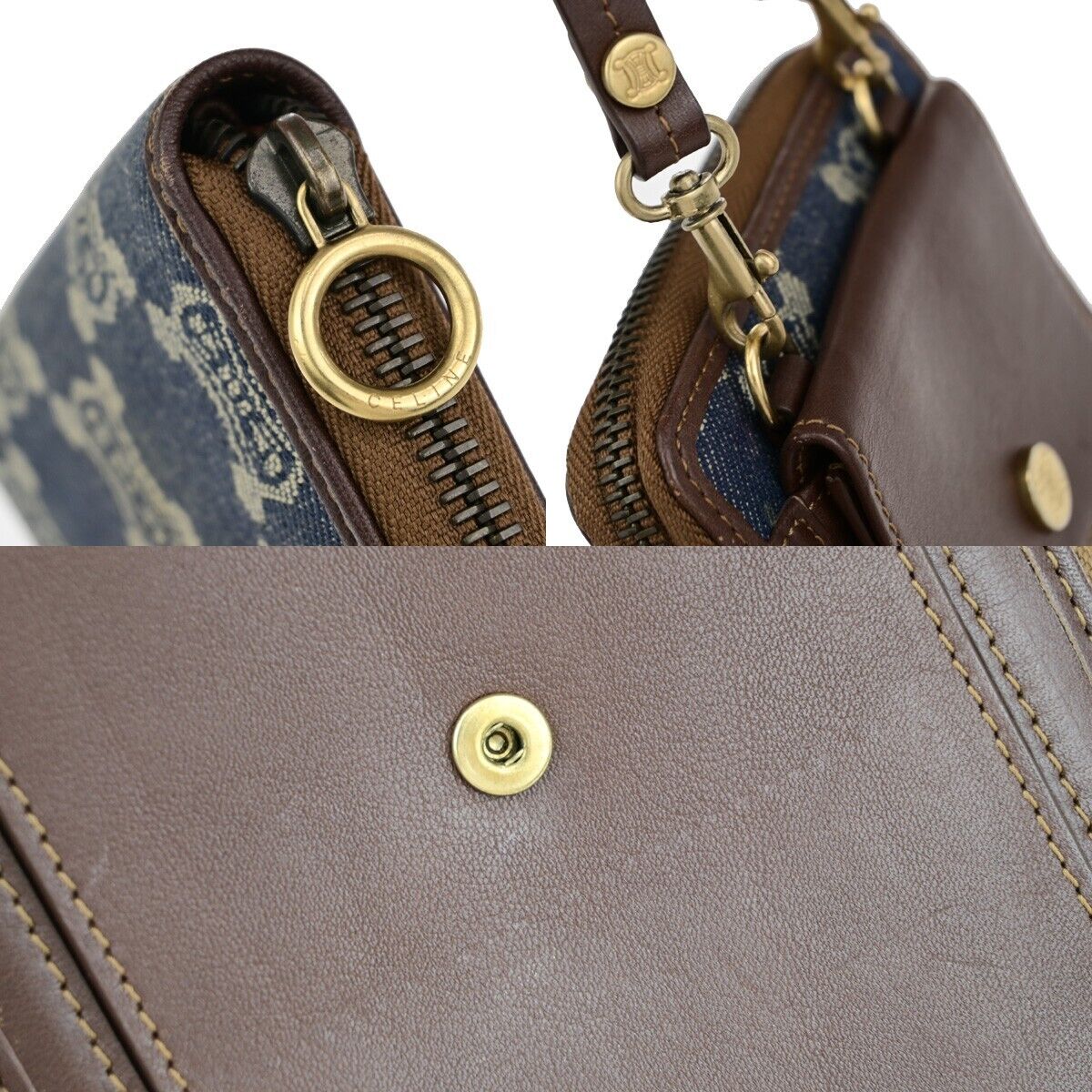 CELINE Logo Macadam Pattern Shoulder Mini,Wallet Denim Leather Blue GHW 36SJ350