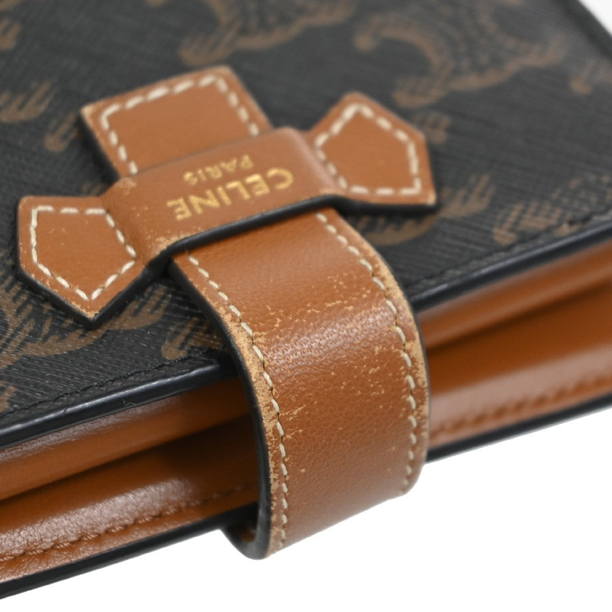 CELINE Strap Bifold Wallet Purse Triomphe Canvas Leather Brown BK Italy 65KC629