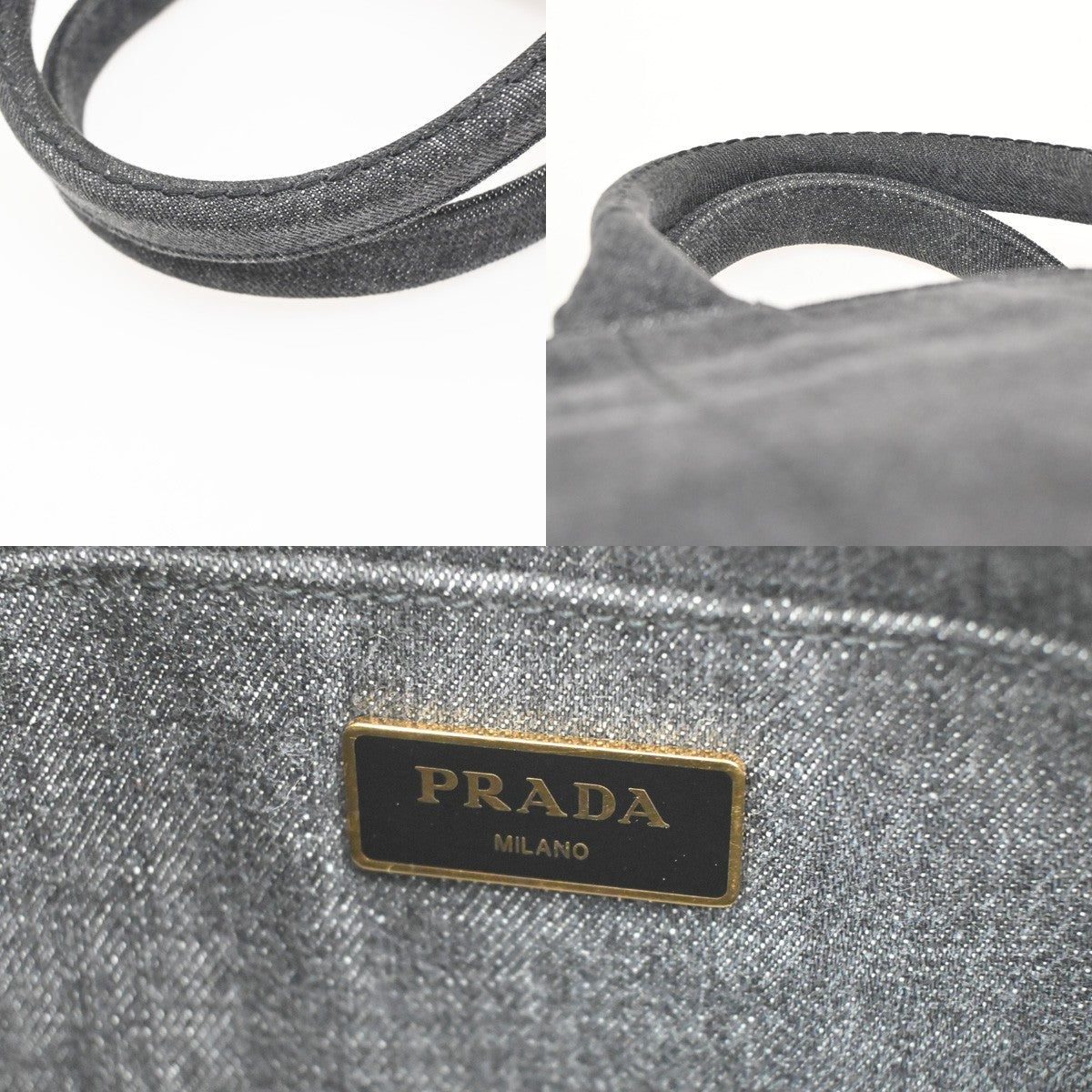 PRADA Milano Logo CANAPA Tote Hand Bag Denim Leather Black Gold Italy 73KC194